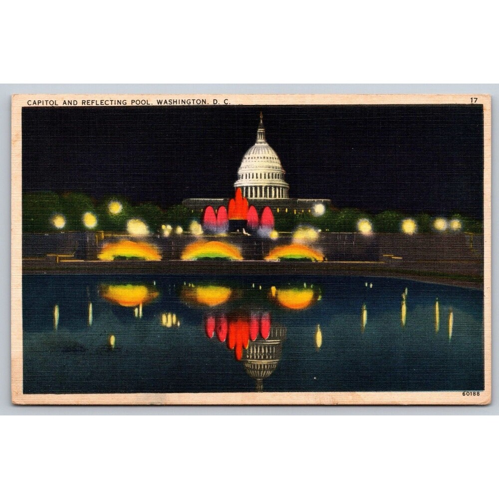 Vintage Washington DC Capitol & Reflecting Pool Night View Linen Postcard UNCO